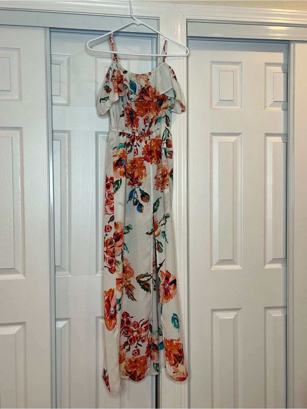 White Floral Maxi Dress with Orange & Teal Bouquet Print